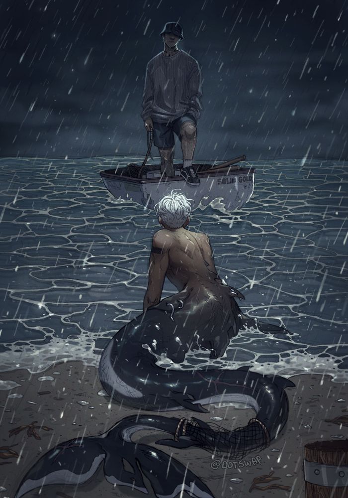 An illustration of my characters, Mu (back) and Rasha (front), in a mermaid AU. It pours heavy rain as rasha, who is seen from behind, stays put on land, watching mu sail away in an old boat. 

original description:
"in this au, mu works as some sort of mechanic at a small fishing sloop.
he gets knocked overboard as a huge storm hits, mysteriously carried ashore to an unknown itty bitty island. there's a broken old dory there ironically named 'solid gold' that he sets out to fix to eventually find his way back home. spending several days on the island, mu comes to notice that the fish he catches goes missing sometimes, and marks of human hands smaller than his own are sometimes scattered around the sand close to shore.

one day, as he is fishing, he catches something that puts up a mighty fight. mu trumps and finds the creature to be rasha, a lonely merman who now has a hook stuck in his cheek. mu initially cuts the wire to help, but rasha retreats. a few days later, rasha hesitantly comes back, starving because he cannot eat with his injuries, and sees mu as his last resort. mu helps him and a bond is formed - rasha helps him scavenge for materials deep underwater so he can fix the dory, while mu catches fish for rasha to eat, as it turns out rasha is a terrible hunter.

mu eventually has to leave the island, and therefore, rasha, behind.
now you may say to me 'uhmmm nanna, isnt rasha a merman, cant he just chase the boat' and yes, he can do that technically but, A. isn't it way more painful for rasha to understand why he'd have to leave and force himself to stay there and watch (i love suffering.) B. I thought it'd be a great visual metaphor to have the human in water and the merman on land, sort of symbolising how wrong it feels for the both of them to suddenly be apart, if that makes sense. 'like a fish on land' and vice versa?

rashas hair blowing in the wrong direction though, that was not intentional and im an idiot for that."