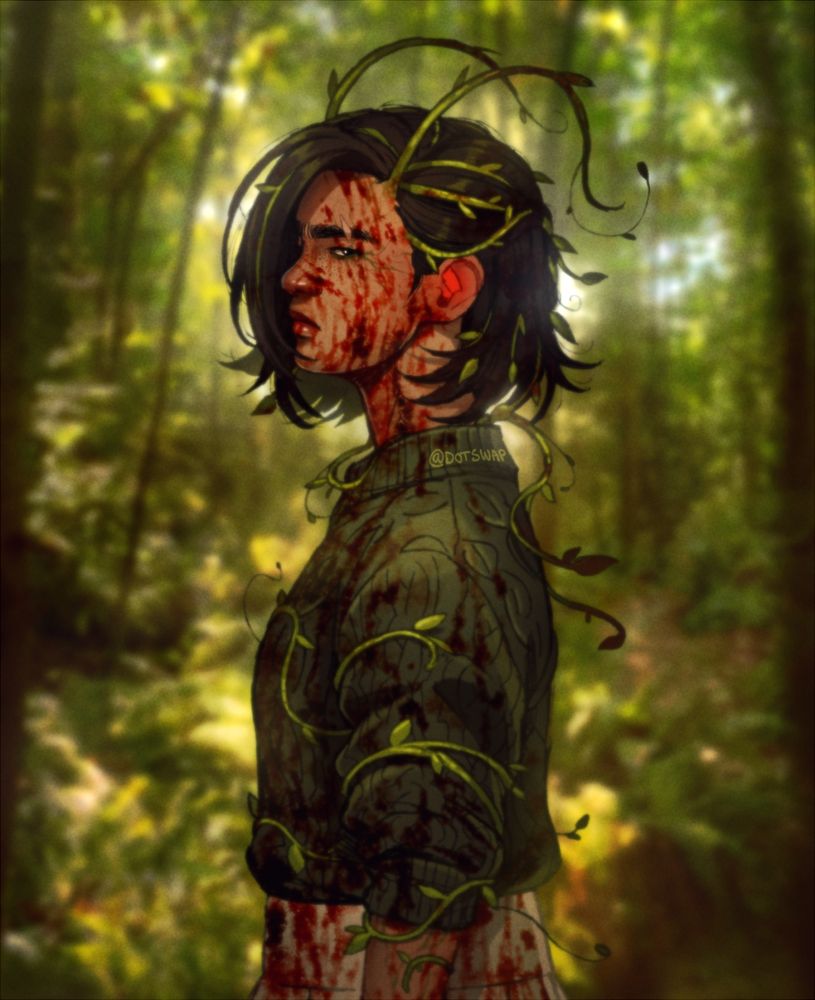 illustration of my character, Park, standing with her side to the viewer. Her otherwise proper appearance is soaked in blood, vines and tendrils emerging from her skin and wrapping around her form. A sunlit forest is blurred in the background. This illustration is made to celebrate this characters 12th anniversary! 04/12/2013