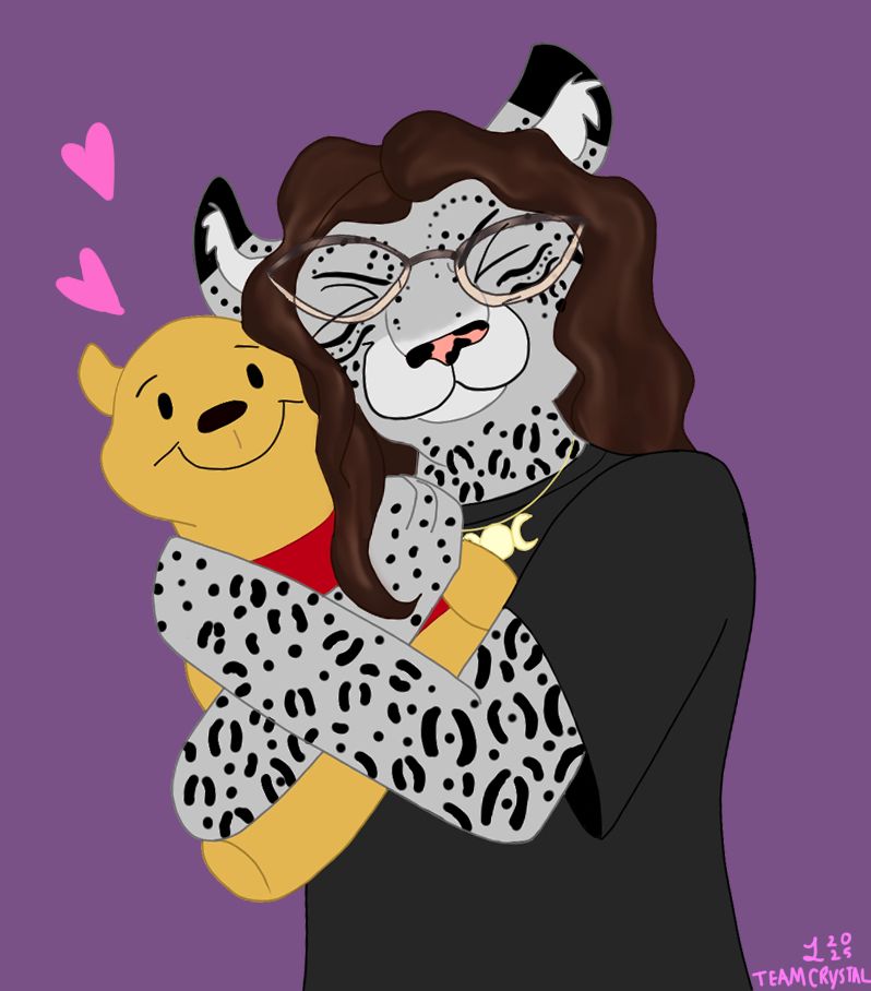 An anthropomorphic snow leopard hugs a big plushie of winnie the pooh. she is wearing a black shirt, gold necklace, and two-toned glasses and smiling. 