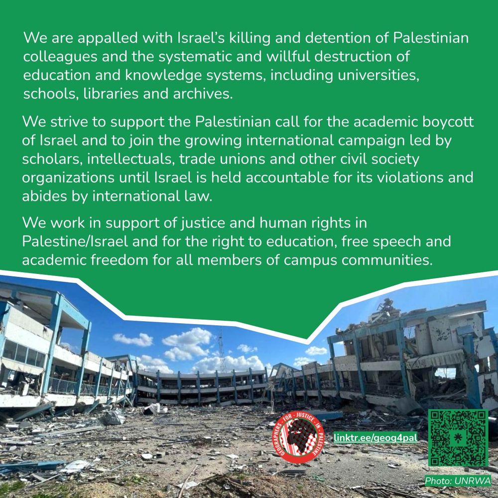 text continues: 
"We are appalled with Israel’s killing and detention of Palestinian colleagues and the systematic and willful destruction of education and knowledge systems, including universities, schools, libraries and archives.

We strive to support the Palestinian call for the academic boycott of Israel and to join the growing international campaign led by scholars, intellectuals, trade unions and other civil society organizations until Israel is held accountable for its violations and abides by international law.

We work in support of justice and human rights in Palestine/Israel and for the right to education, free speech and academic freedom for all members of campus communities."
