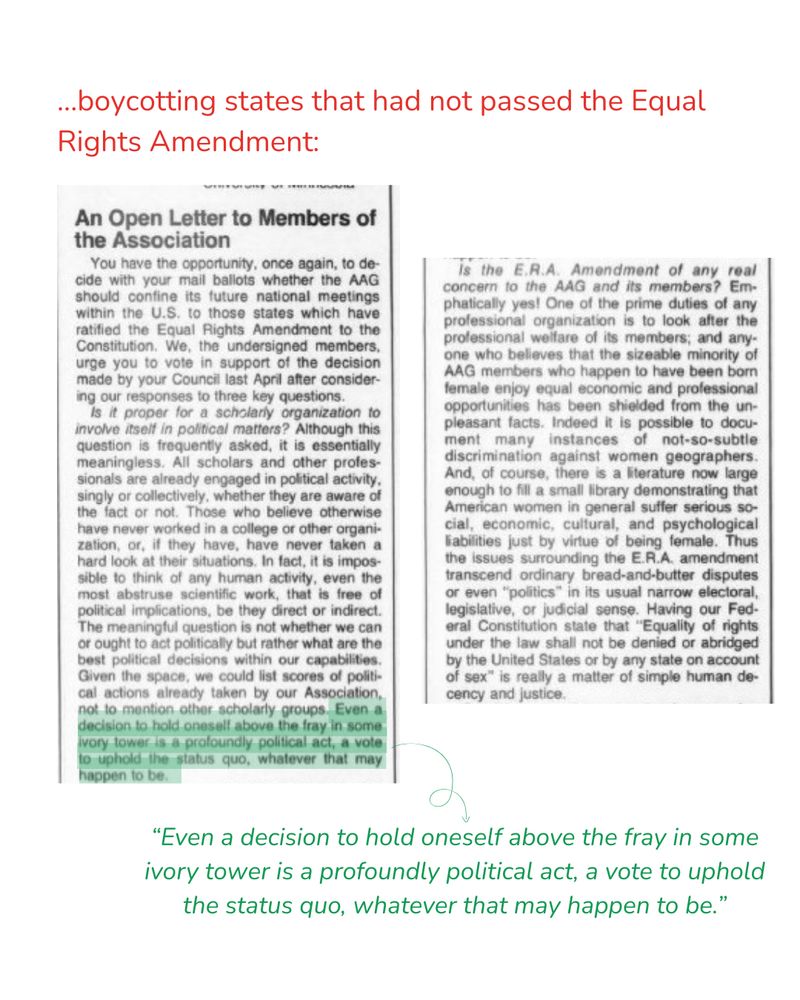 A graphic shows a portion of "An open letter to members of the association" concerning the Equal Rights Amendment boycott. The graphic highlights the position taken that “Even a decision to hold oneself above the fray in some ivory tower is a profoundly political act, a vote to uphold the status quo, whatever that may happen to be.”