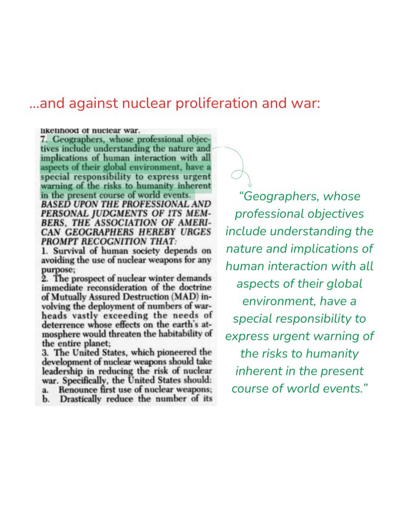 The graphic highlights the resolution against nuclear proliferation and war. An excerpt is highlighted describing that “Geographers, whose professional objectives include understanding the nature and implications of human interaction with all aspects of their global environment, have a special responsibility to express urgent warning of the risks to humanity inherent in the present course of world events.”