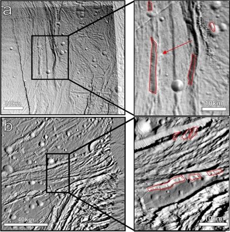 A four panel image showing black and white photos of the surface of Enceladus. The surface of Enceladus is highly fractured and hosts a lot of craters. In the images, steep slopes around the geological structures are highlighted on which darker streaks are present.