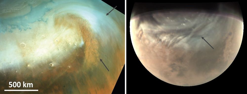 Two images of clouds on Mars. Left image: clouds and dust at the Northern Polar Region of Mars during the local spring (HRSC image). Right image: clouds and dust at the Northern Polar Region of Mars during the local winter (VMC image). The left panel shows a textured spiral dust storm (brownish) mixed with water ice clouds (bright white) (indicated by arrows). The right panel shows the North Polar Hood, a large scale water ice cloud system.