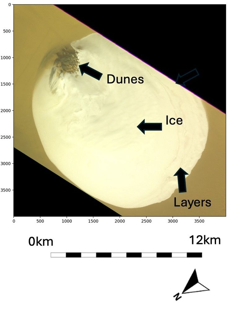 The image shows a circular (white) water ice deposit in a crater on Mars, which is around 12 km in diameter. The surrounding area outside of the crater is yellow in colour. In the upper left corner of the circular ice deposit a darker patch (dark grey) is visible. This patch contains dunes. In lower right half of the ice deposit layers can be recognized by faint, slightly grey lines.  