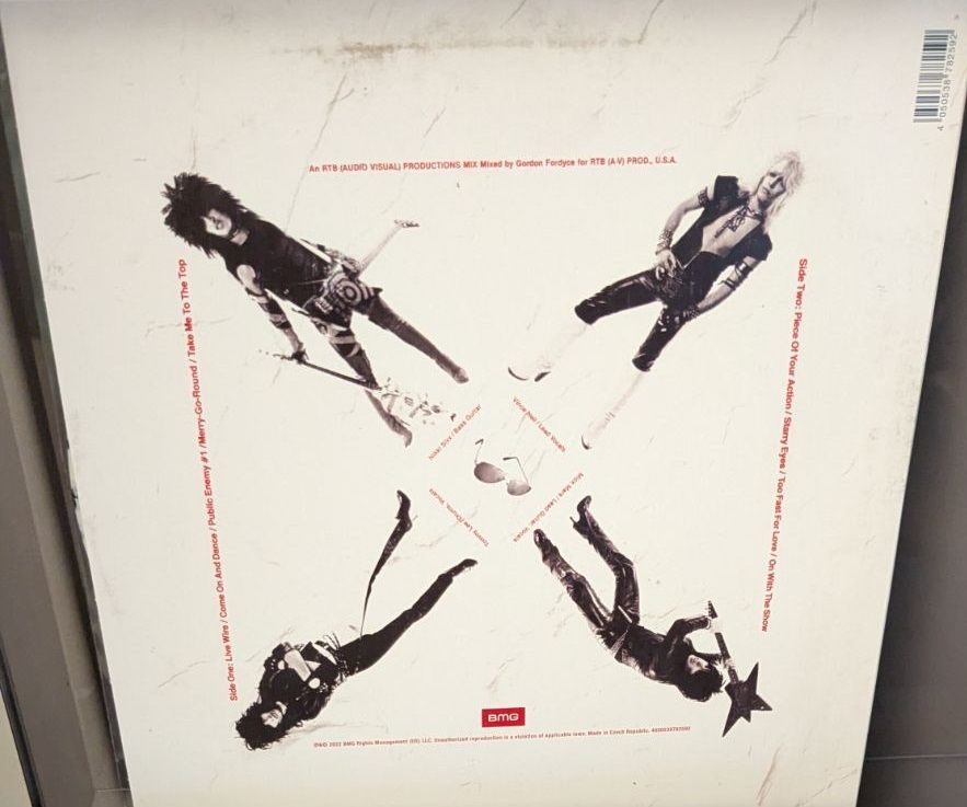 The back cover of Motley Crue's "Too Fast For Love" album