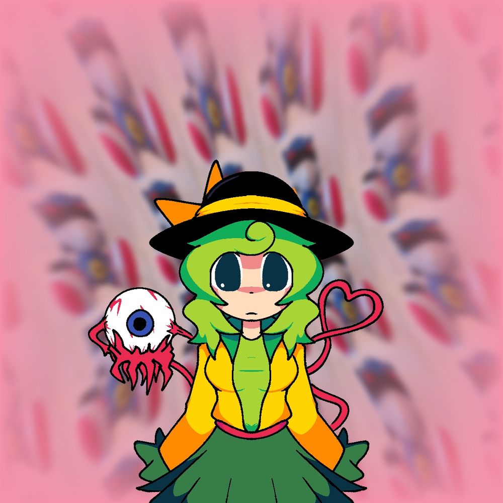 Koishi Komeiji from Touhou Project standing and looking at the camera, she's notably different, using a hoodie and her third eye looking like the eye of Cthulhu from Terraria, it's basically user's kinsona, the background is composed of images of that Sonic the Fighters Metal Sonic bootleg plushie with the big nose

Alt text