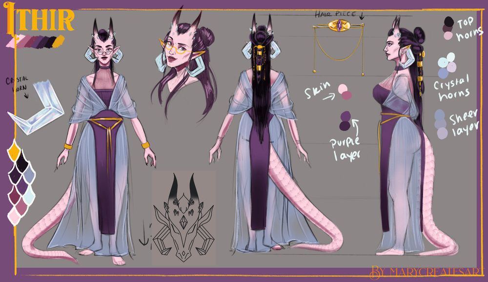 a character sheet turnaround with small details and color palette of a feminine humanoid figure with double horns and a tail.