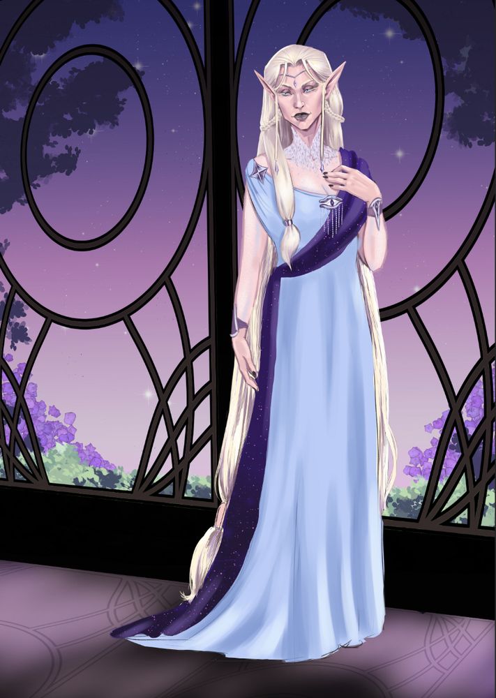 High elf walking through a starry hallway 