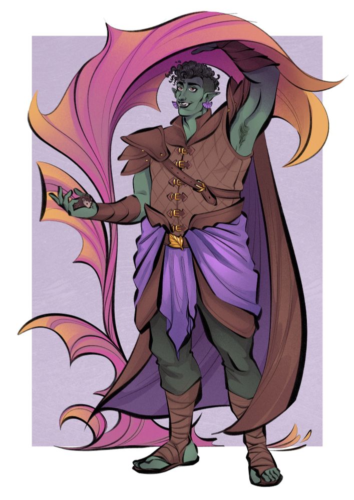 a half orc druid dressed in warm brown leathers walks under a large colorful brush leaf lifting it with one hand. In his other hand he holds a tiny hedgehog named poptart