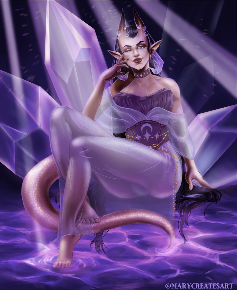 Crystal infused human form of a dragonoid double horned. Pink scaled skin and a purple outfit with gauzy silky light blue purple layer in a crystal chamber with purple glowing water.