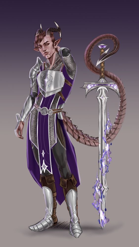 Male tiefling with red brown skin tones with black and white tips wearing purple regalia, silver armor, and holding a sword with his tail