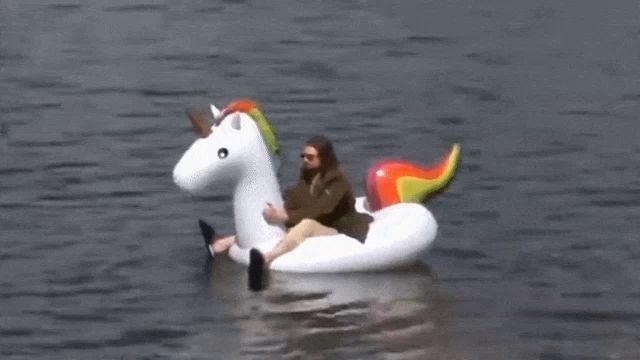 a man is sitting on an inflatable unicorn in a body of water