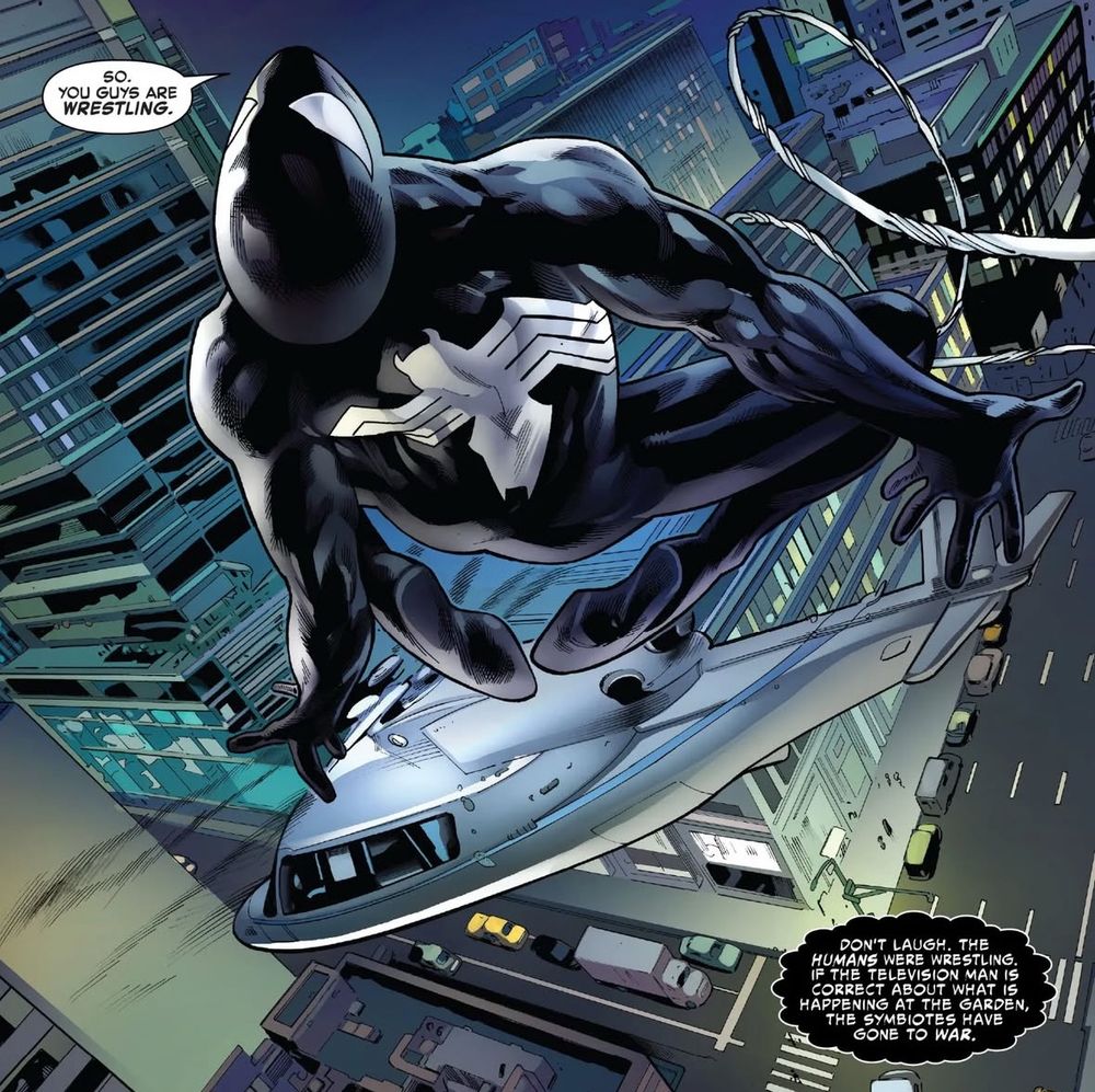 Symbiote Spider-Man, kneeling in mid-air, with his arms stretched out behind him, almost as if he was bracing himself.
