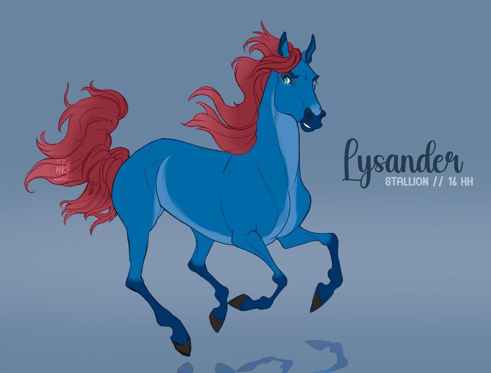 A drawing of Lysander, a blue horse with a fiery red mane and tail. 