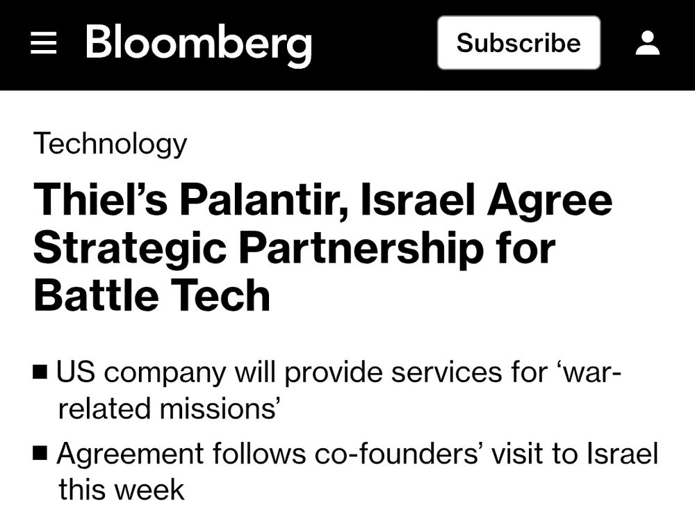 "Thiel's Palantir, Israel agree strategic partnership for battle tech"