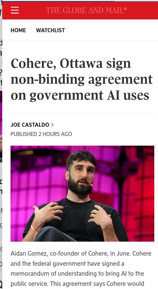 "Cohere, Ottawa sign non-binding agreement on government AI uses"