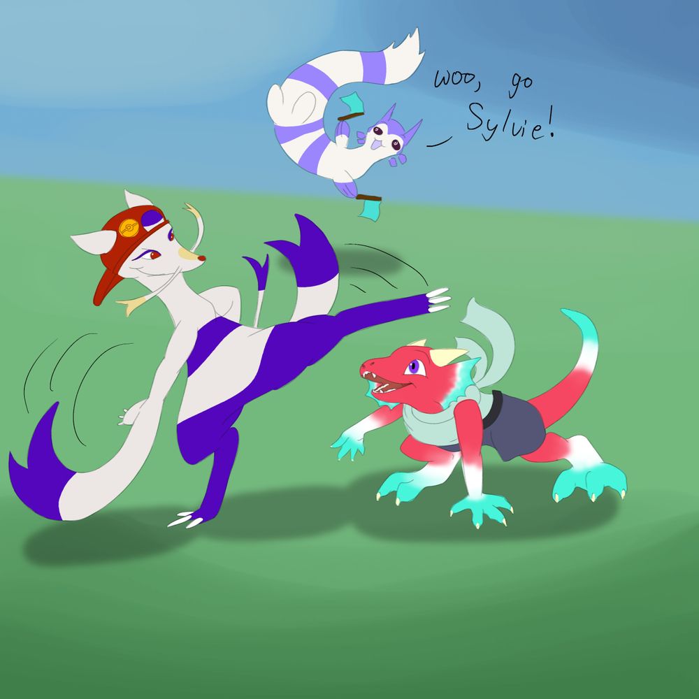 Sylvie, a Mienshao with a backwards red cap, spars with my character Brine, a kobold coloured like a rocket pop (red, white, and cyan). In the background, a ghostly Veil (a floating purple furret) cheers Sylvie on.