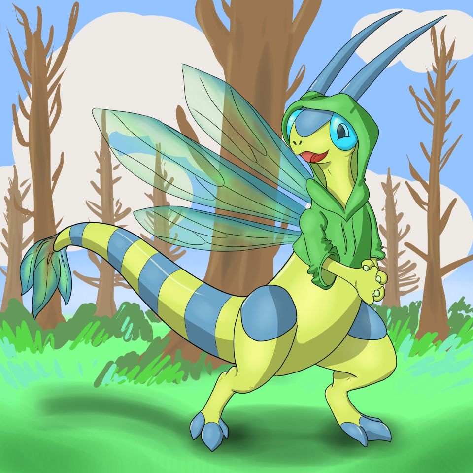 A shiny Flygon wearing a small green hoodie standing in a field with some barren trees in background