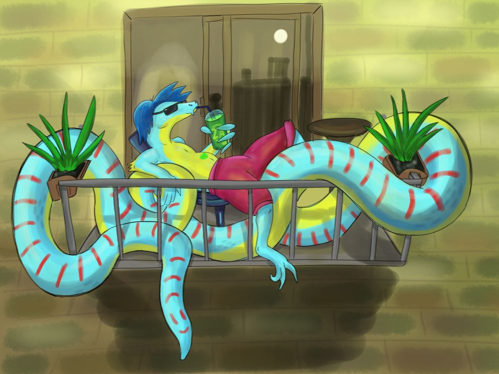 An anthropomorphic blue lizard with a yellow underbelly, red stripes, and a tail about five times the length of his torso, relaxes in the sun on a patio drinking a lime slushee drink.