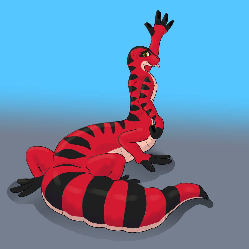 A tauric leopard gecko with an anthropomorphic upper half and feral lower half, giving it two arms and four legs. It is red with black stripes and waving at the camera.