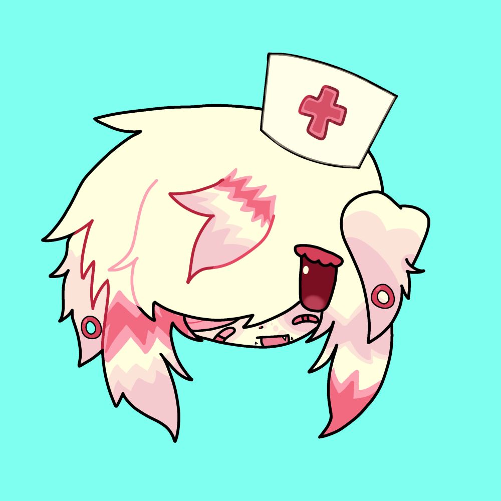 headshot drawing of a pink and white nurse puppy, this one has a bright teal background