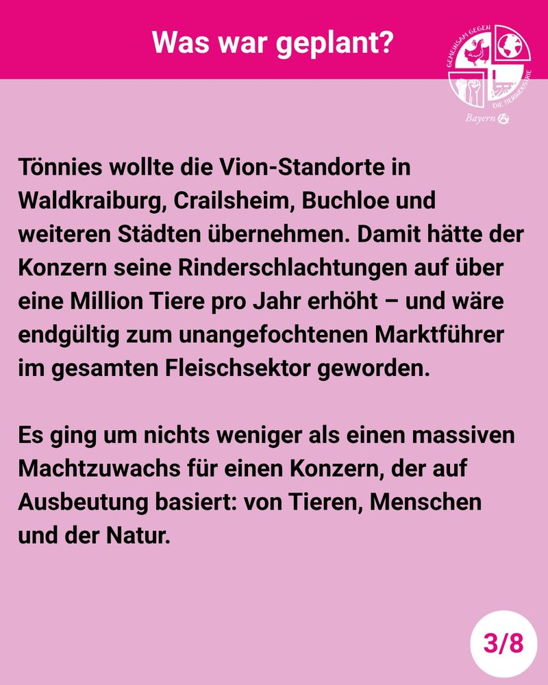 Das Bild zeigt ein Plakat mit pinkfarbenem und rosa Hintergrund.

Ganz oben steht:
"Was war geplant?"

Rechts daneben in weiß ist das Logo der Organisation "Gemeinsam gegen die Tierindustrie" abgebildet, darunter steht "Bayern" und ein großes A in einem Kreis.

Darunter steht:
"Tönnies wollte die Vion-Standorte in Waldkraiburg, Crailsheim, Buchloe und weiteren Städten übernehmen. Damit hätte der Konzern seine Rinderschlachtungen auf über eine Million Tiere pro Jahr erhöht – und wäre endgültig zum unangefochtenen Marktführer im gesamten Fleischsektor geworden. 

Es ging um nichts weniger als einen massiven Machtzuwachs für einen Konzern, der auf Ausbeutung basiert: von Tieren, Menschen und der Natur."

Ganz rechts unten in einem weißen Kreis steht "3/8".
