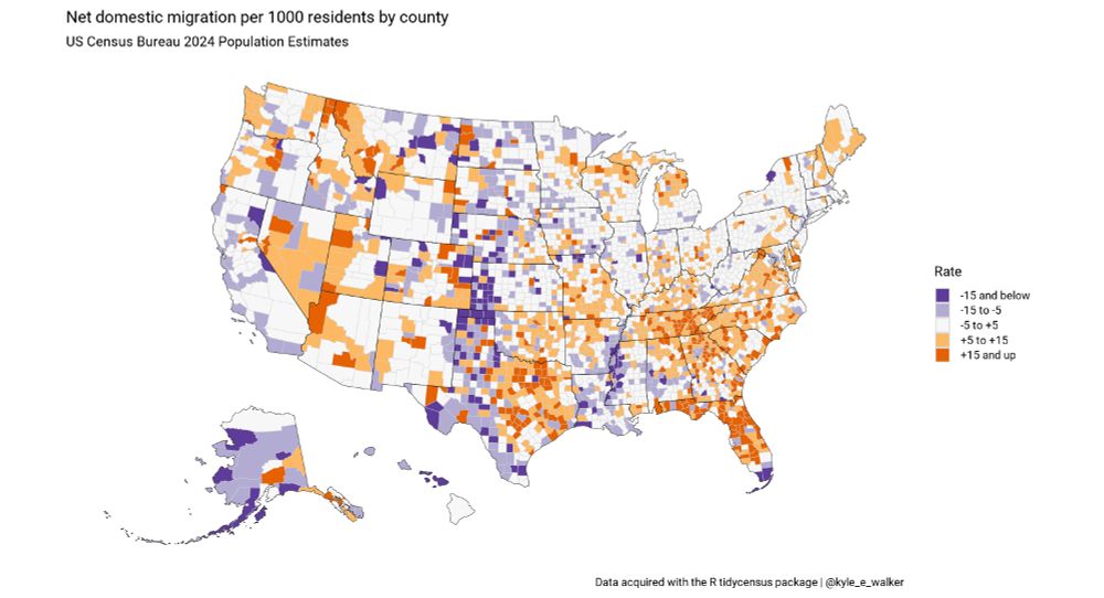 Map of domestic net migration by county in the United States.
