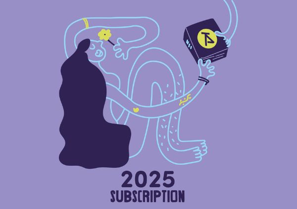 An illustration by Amandine Forrest of a woman with long hair and unshaven legs holding a flower in her left hand and a book with the Tilted Axis Press Logo in her right. It is a line drawing, the background is lavender, the lines are turquoise, and the hair is deep purple, and the flower and book logo are yellow.