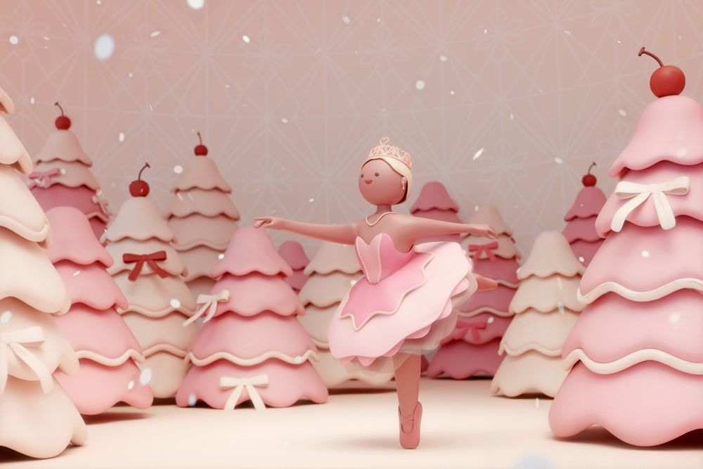 3D illustration of ballet dancer dancing among pink trees in the snow