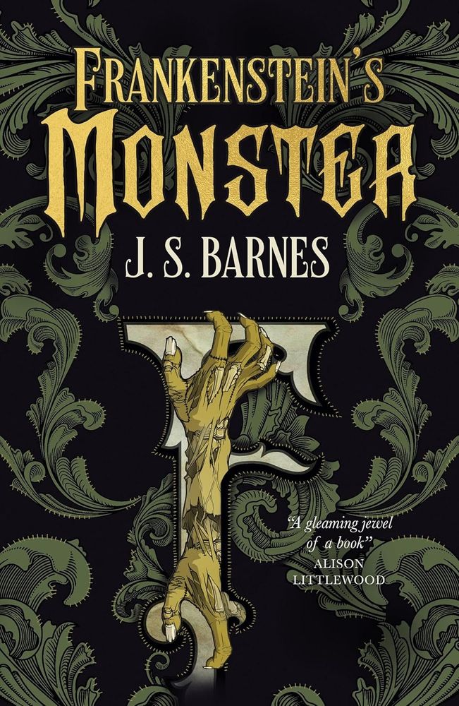 Giant gothic ornamental F in the centre of the page with decomposing wrists and hands forming the 'spine'. Swirling green leaves on black background around it. Title in gold above the F.