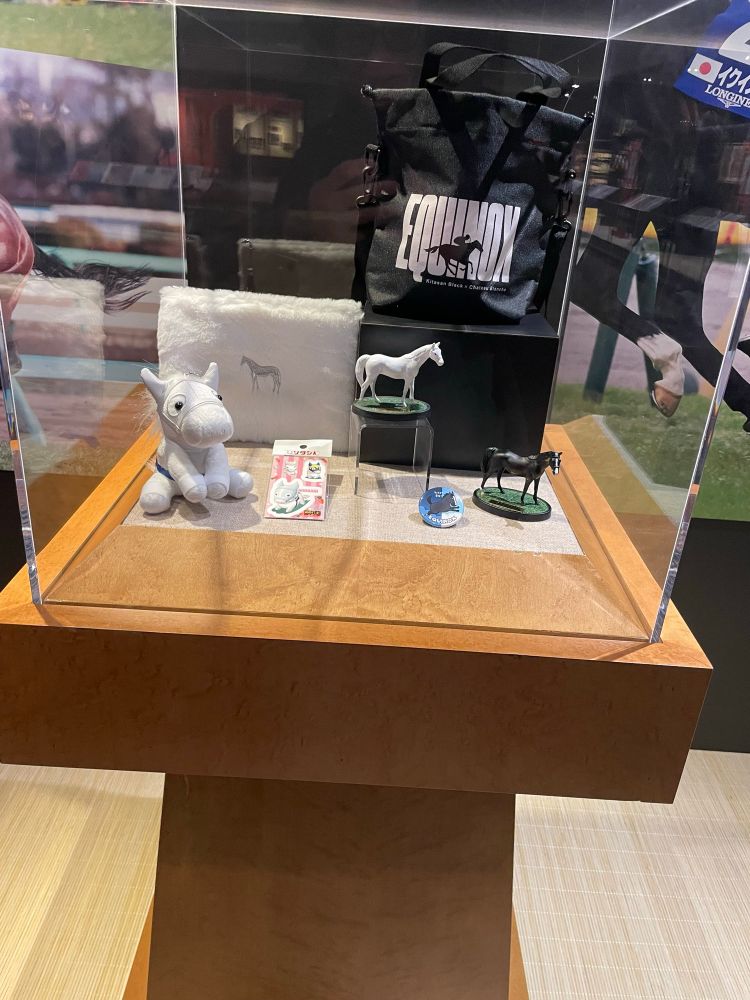 A display case filled with merch for the Japanese racehorses "Equinox" and "Sodashi". Equinox is a black horse with a white blaze down his face, and his merch includes a small statue, a pin with a cartoonized version of him on it, and a tote bag with "Equinox" written largely in all caps with the shadow of a horse running with a jockey on its back cut into the bottom of the letters. Sodashi is an all white horse, and his merch includes a small plushie with his mask and saddle, some stickers of a cartoonized version of him in various positions, a small statue, and what appears to be a fluffy white journal.