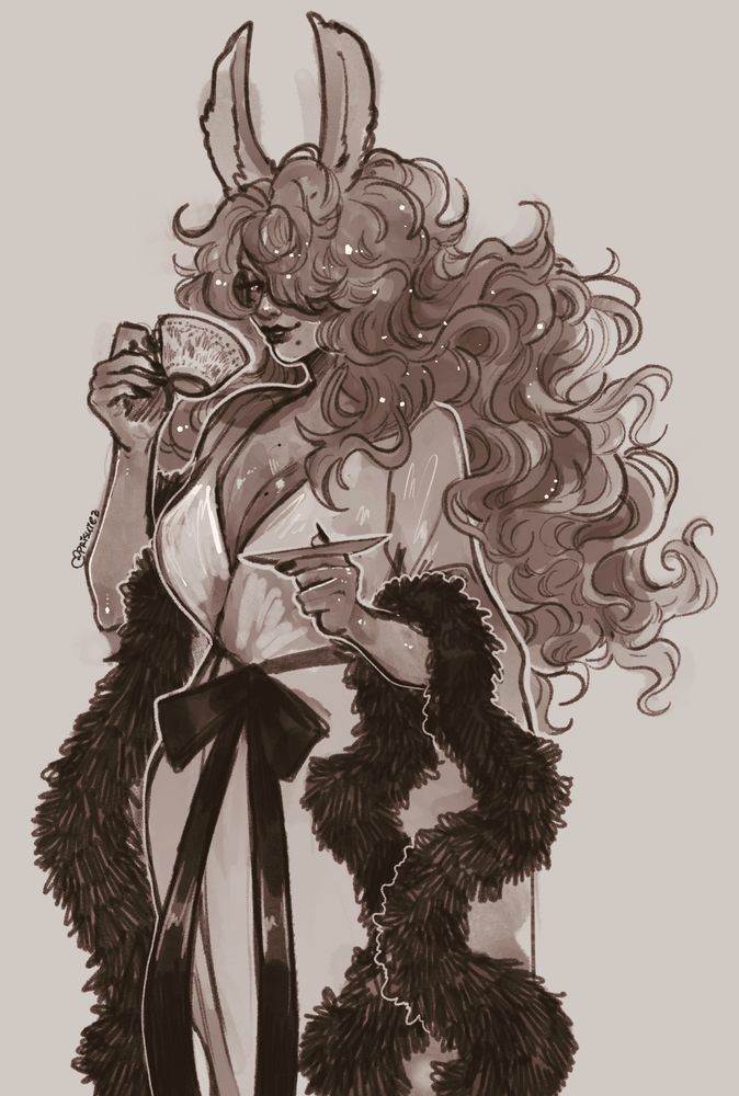 a commission of my oc, koruri. this is a thigh-up portrait. they are standing in a luxurious robe, with large sweeping sleeves trimmed with fur, and a black ribbon tied around their waist. their hair is fluffy and big, falling over their shoulders and cascading down their back. they hold a teacup in one hand near their face, and another holds the saucer. they look towards the viewer with a playful smile.