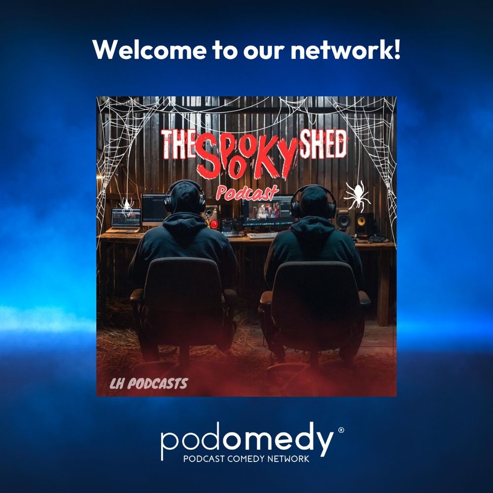 two men recording a podcast in a cobweb-filled shed