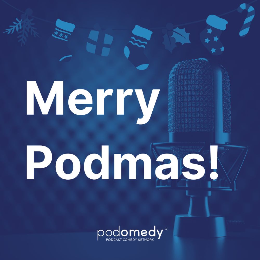 "merry podmas" in a podcast studio with decorations