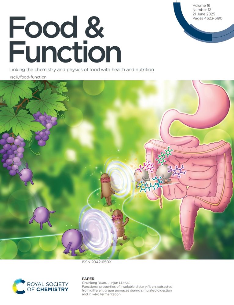 Front cover of issue 12 of @foodfunction.rsc.org. Cartoon of grapes becoming fibre and interacting with the gut.