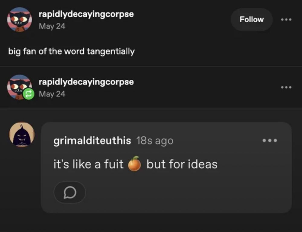 big fan of the word tangentially

it's like a fuit 🍊 but for ideas