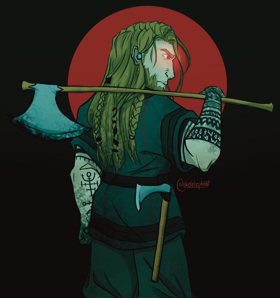 A half body drawing of a Viking man with long blonde hair and an axe over his shoulder. He has tattoos on both arms and braids in his hair. There’s a smaller axe strapped to his waist and a red glow around his eye. End ID. 