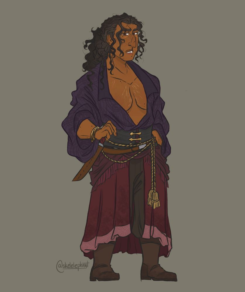 A full-body drawing of a person named Ceres Kanakaris. They have brown skin and long curly grey hair. They have various visible beauty marks, stretch marks on their chest, and a cleft lip. Their eyes are brown and they have a serious expression. They’re wearing a very loose purple shirt that is open and exposing a lot of their chest, as well as various silk clothes hanging down around their legs and pinned in place by a corset. They have a gold tasseled belt as well as a knife belt over that, and are wearing knee-high brown boots. End ID.