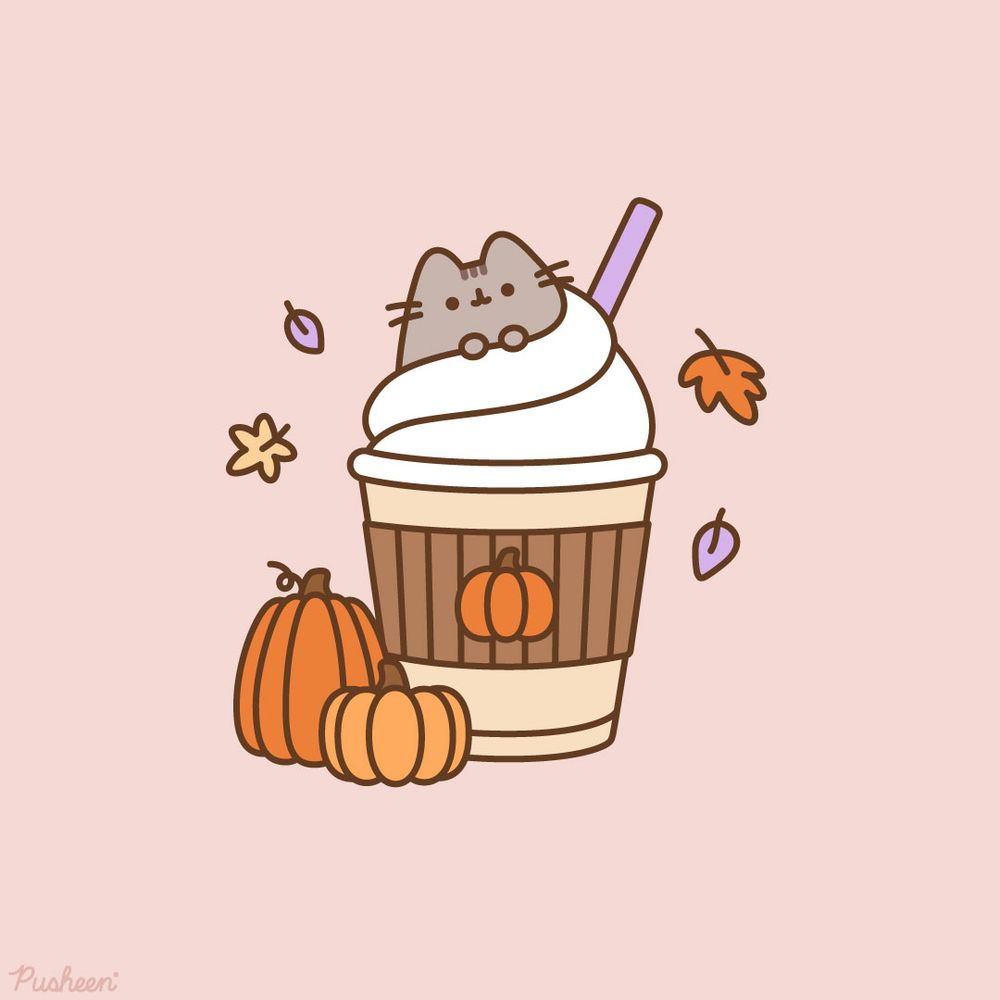 A tiny Pusheen sits atop a large beverage topped with whipped cream. There are fall leaves and pumpkins surrounding her.