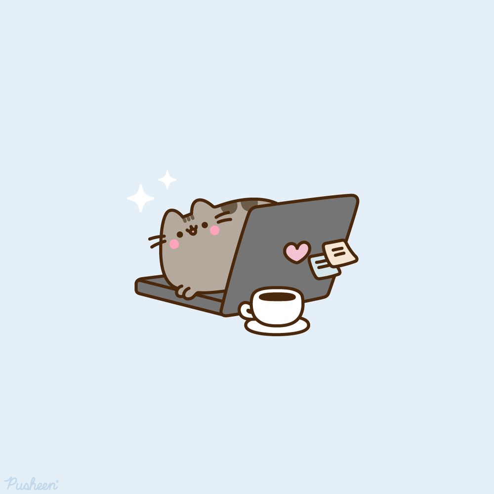 Pusheen is smiling while laying on the keyboard of a laptop.