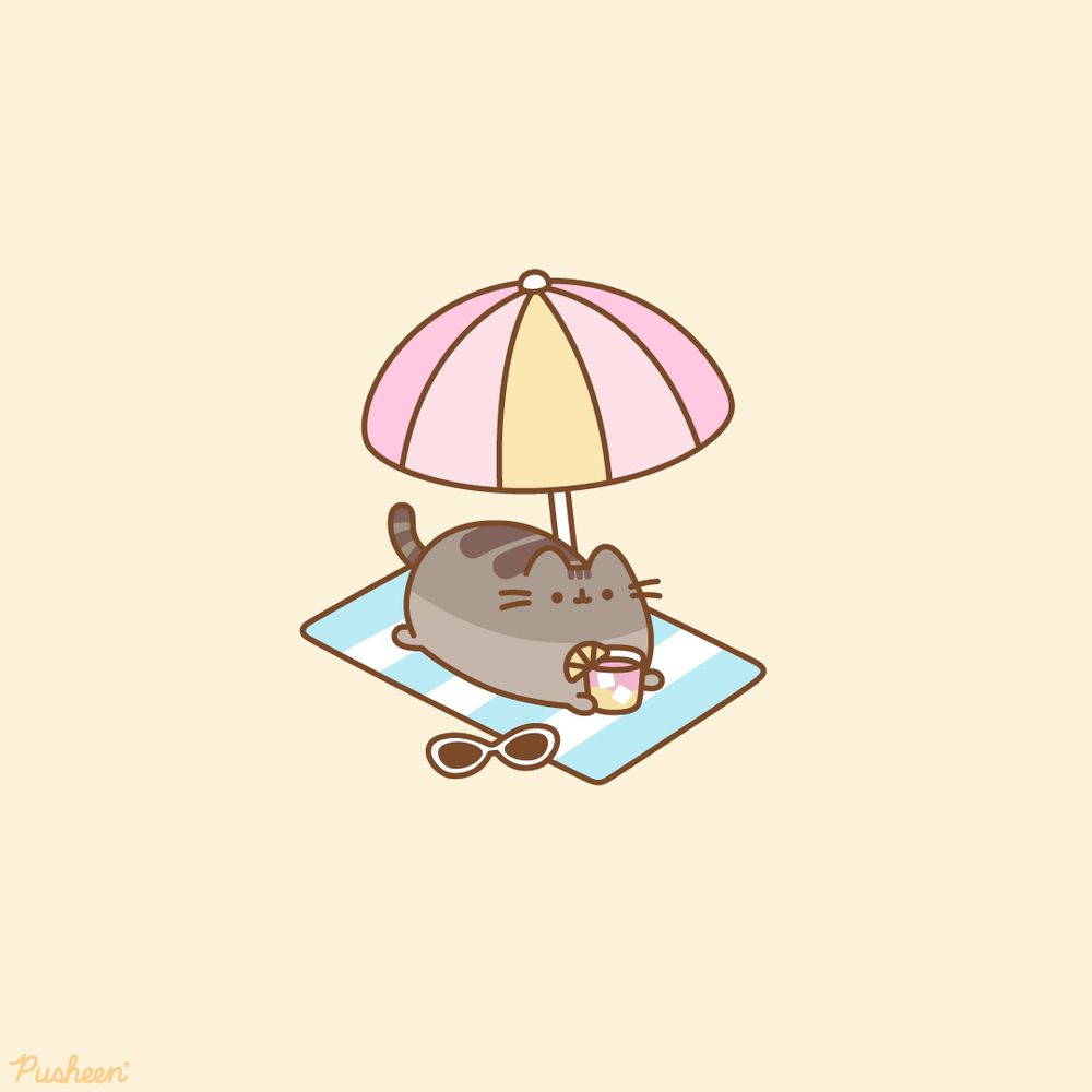 Pusheen is laying on a beach towel under an umbrella. She has a cold drink in her paw.