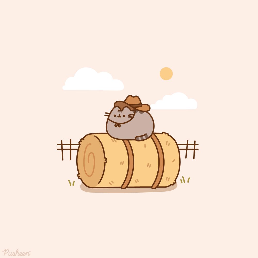 Pusheen is shown wearing a cowboy hat while sitting on top of a hay bale.