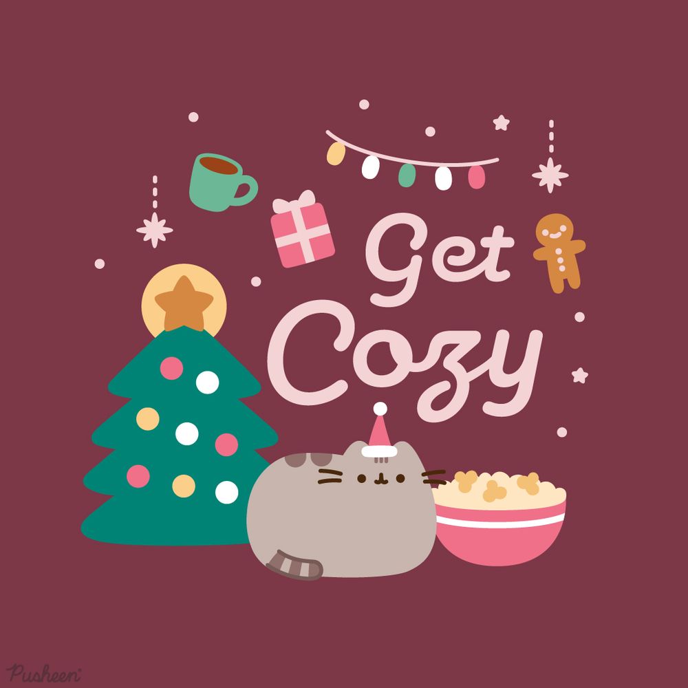 Pusheen wears a Santa hat in front of Christmas tree.