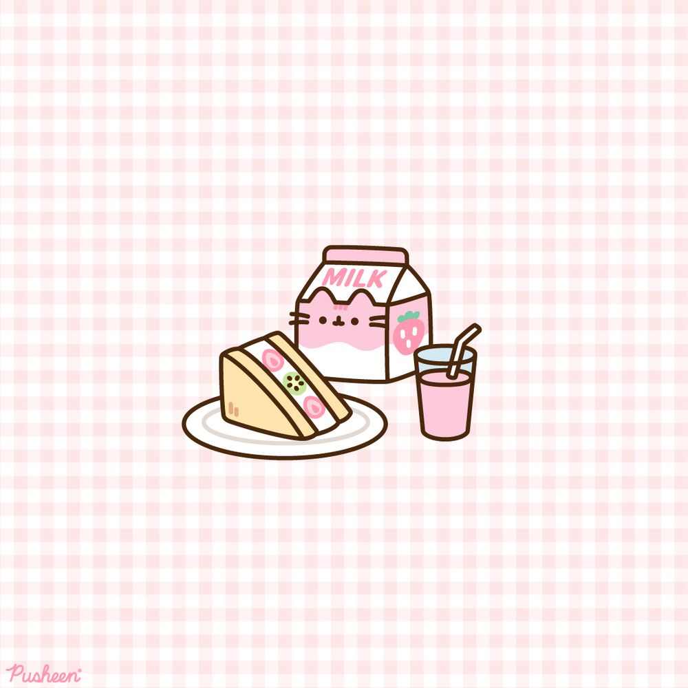 Pusheen is a carton of strawberry milk. She sits next to a strawberry and kiwi sandwich, and a glass of strawberry milk.
