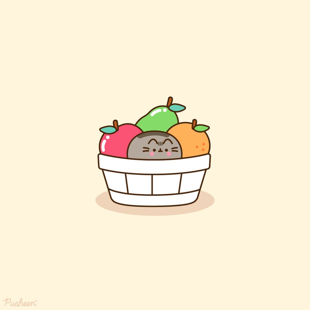 Pusheen sits in a fruit basket with a pear, apple, and orange.