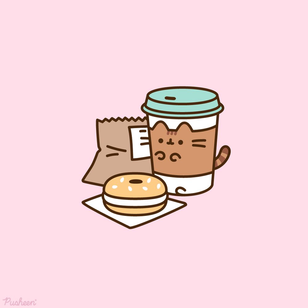 Pusheen is shown as a coffee cup. She sits next to a bagel and a paper bag.