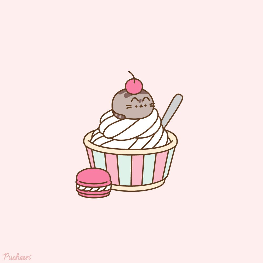 Pusheen is curled up on top of a soft serve ice cream cup.