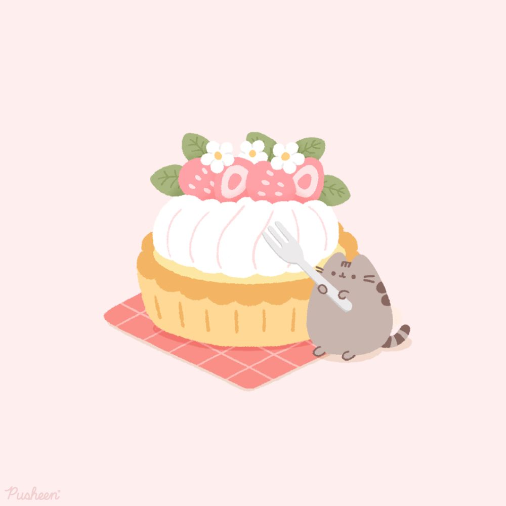 Pusheen is holding a large fork next to a large strawberry tart.