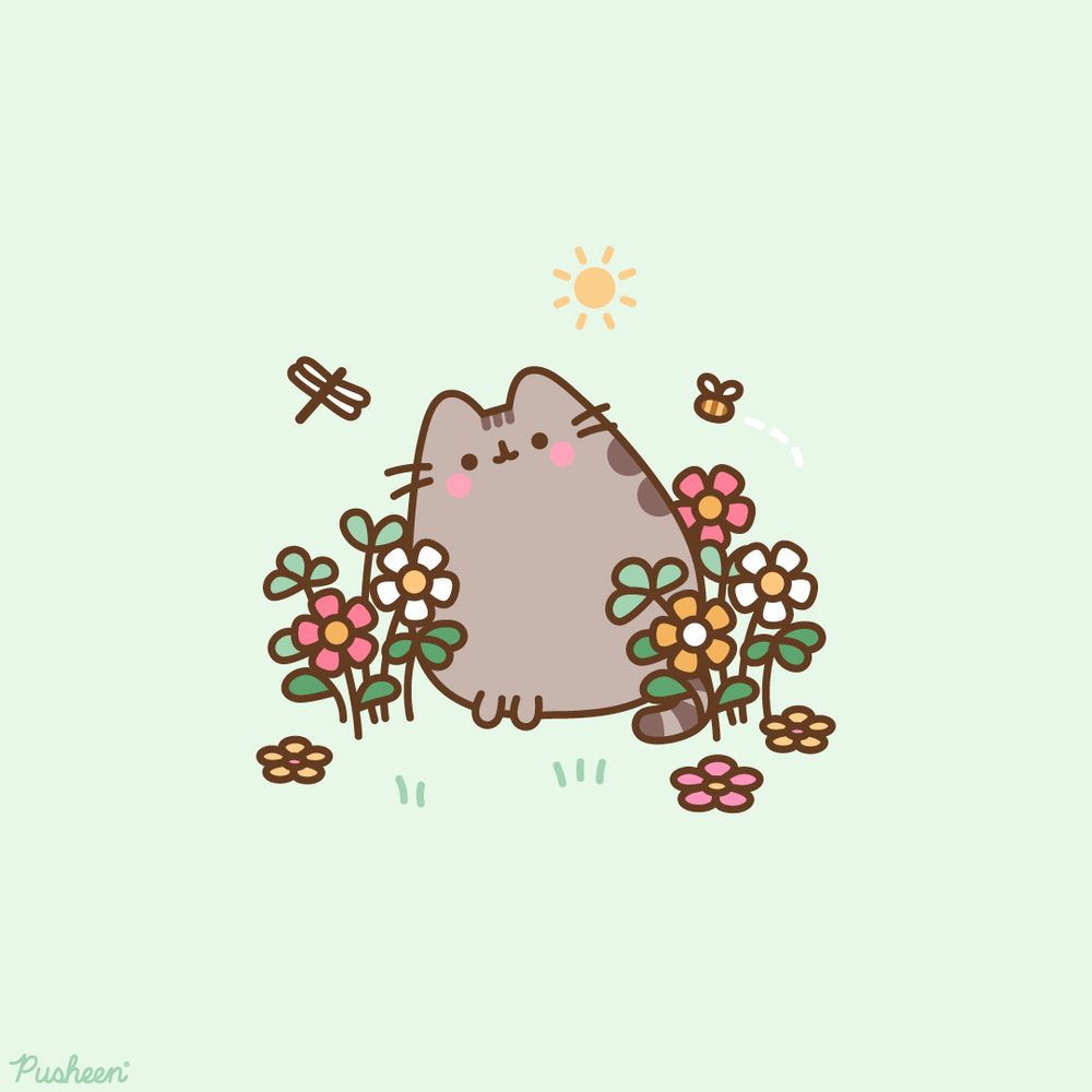 Pusheen is shown surrounded by summer flowers. A dragonfly flies near her, and the sun shines down on her.